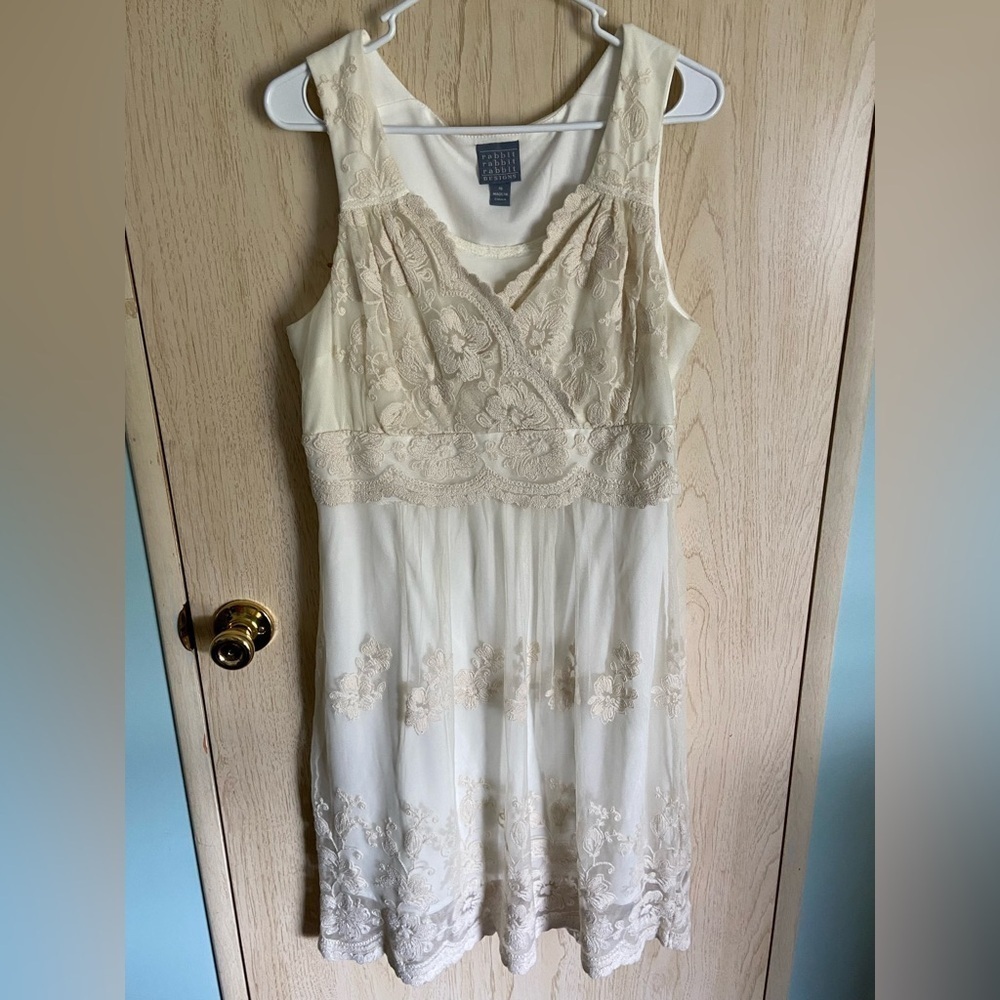 🩵 Rabbit Rabbit Designs Dress Ivory Lace Knit Lined Stretch Pullover 16